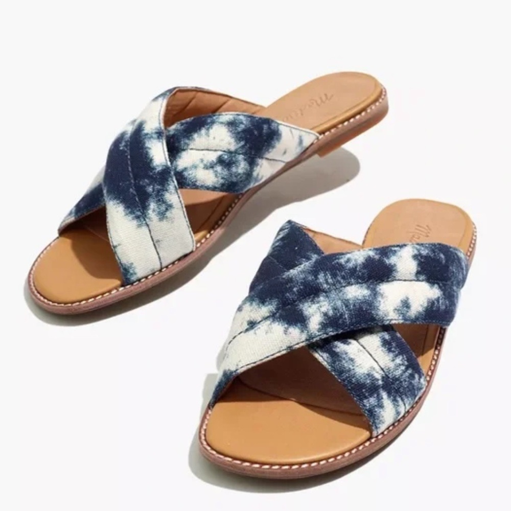 Madewell The Skyler Slide Sandals Tye Dye Blue White Puffy Slip On Size 7